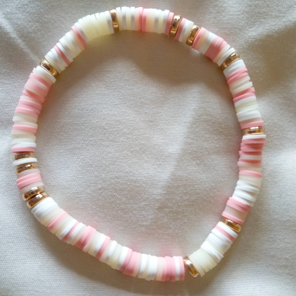 Romantic & Whimsical Cream, White, & Pink Clay Beaded Bracelet